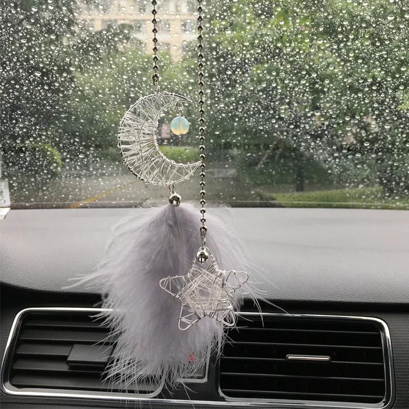 Feather Mirror Car Pendant for Girls Lucky Ornament Hanging Charm Home Decor Car Interior Accessories