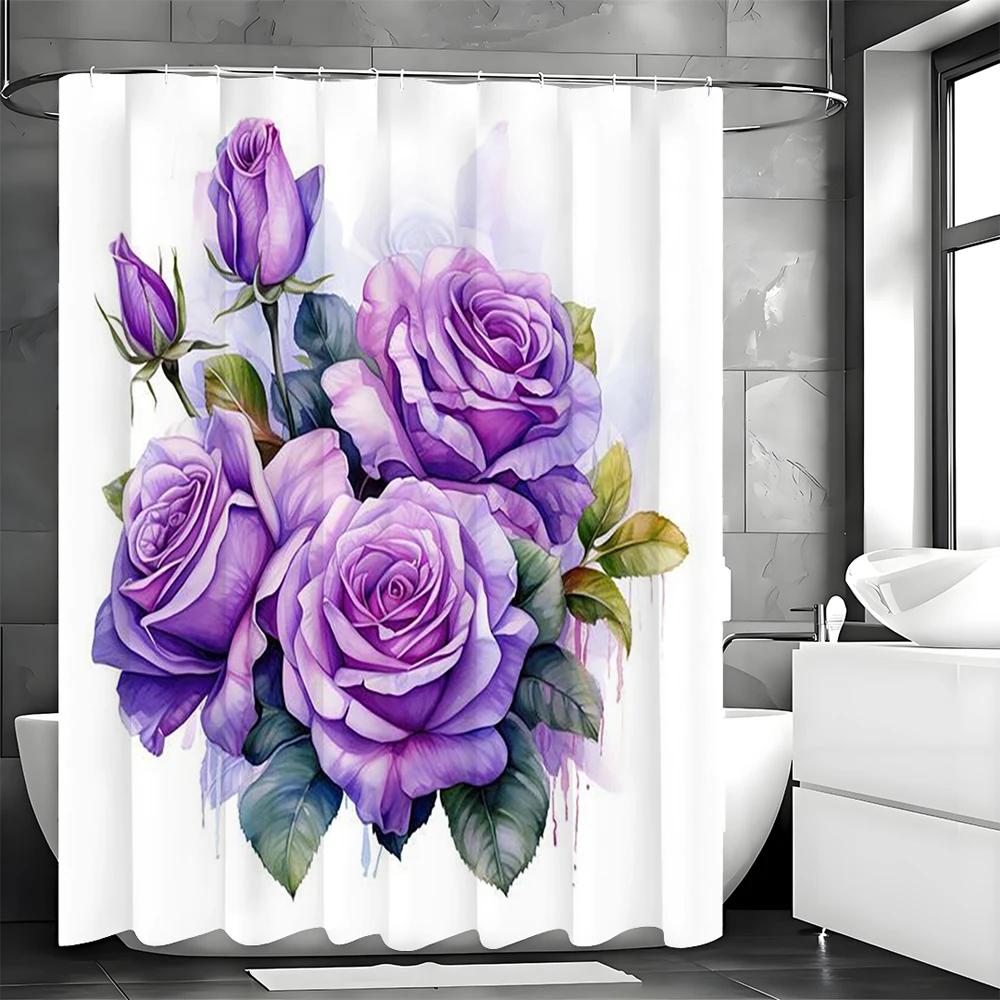 Fialový poupě růže sprchový závěs, Koupelnový dekorativní sprchový závěs, Vodotěsný sprchový závěs s háčky