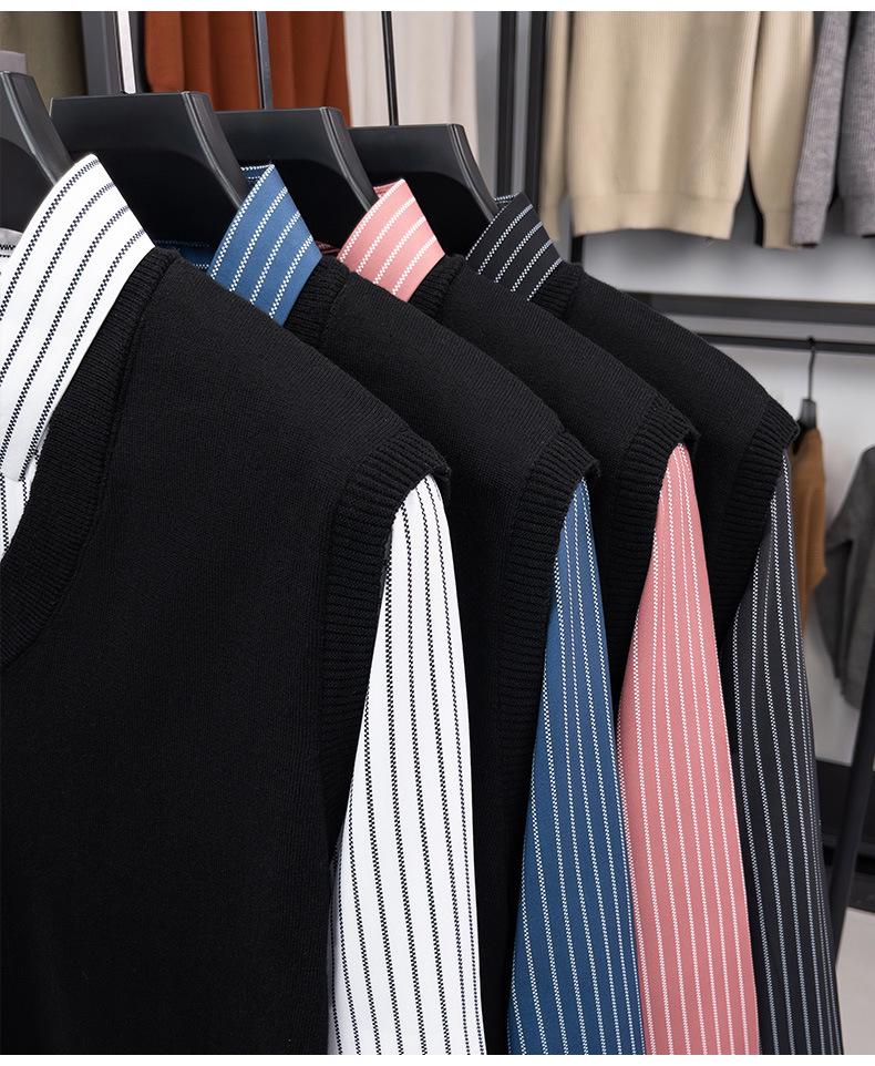 Men's Two-Piece Look Sweater with Striped Shirt Collar – Spring/Autumn Knit Wool Top & Vest