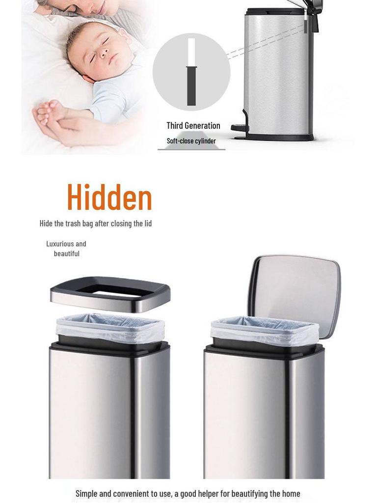 50L Stainless Steel Commercial Trash Can with Large Foot Pedal for Hotels and Shopping Malls
