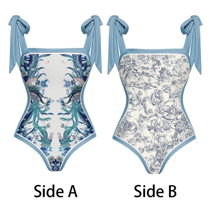New Double-Sided European & American Chiffon Print Swimsuit Set: Women's One-Piece with Conservative Wrap Skirt