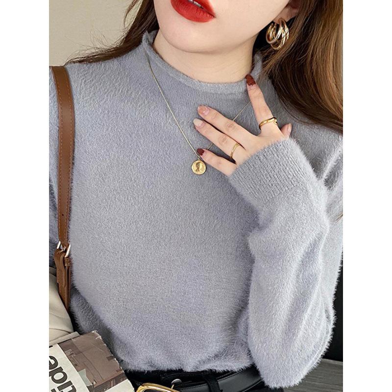 Women's Fleece-Lined Semi-High Neck Faux Mink Base Layer for Autumn/Winter