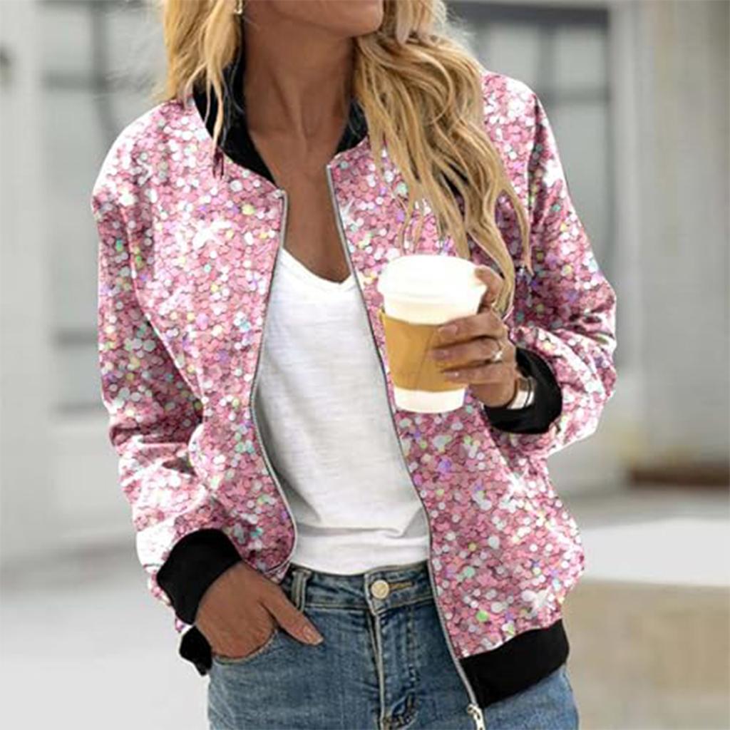 Women's Fashion Long Sleeve Sequin Print Round Neck Zip Jacket