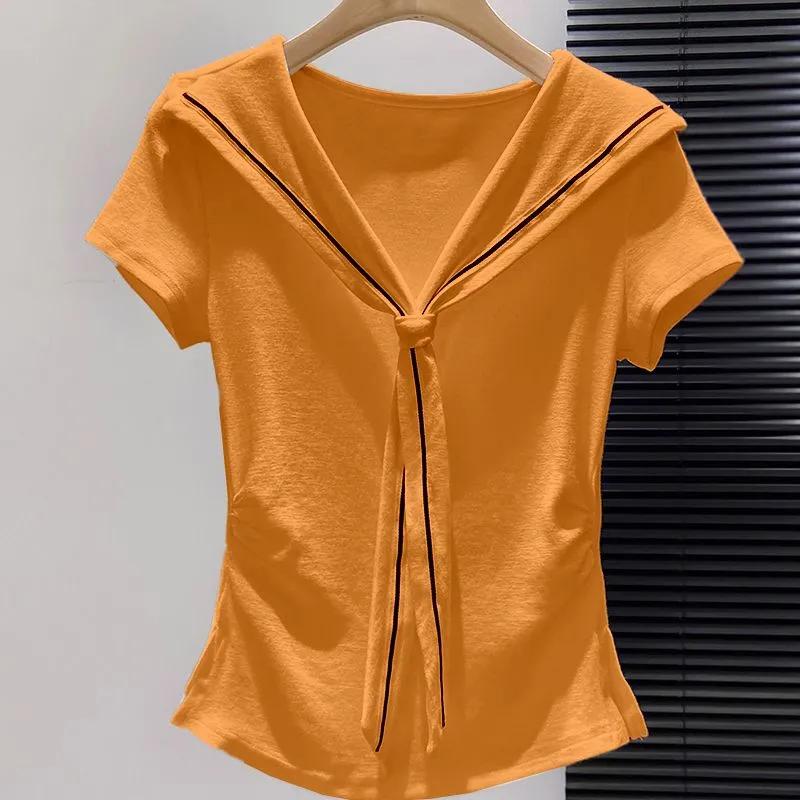 

Женская летняя оранжевая футболка с воротником-стойкой, завязками спереди и короткими рукавами M оранжевый