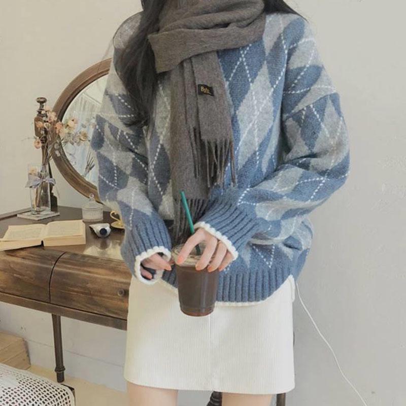 Podzim Zima Vintage Kosočtvercový Kostkovaný Svetr Dámský Hřejivý Silný Volný Pulovr Svetr Topy Spodní Prádlo / Svrchní Oblečení
