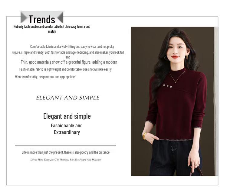 Women's Wool Fleece Sweater with Semi-High Neck for Autumn and Winter