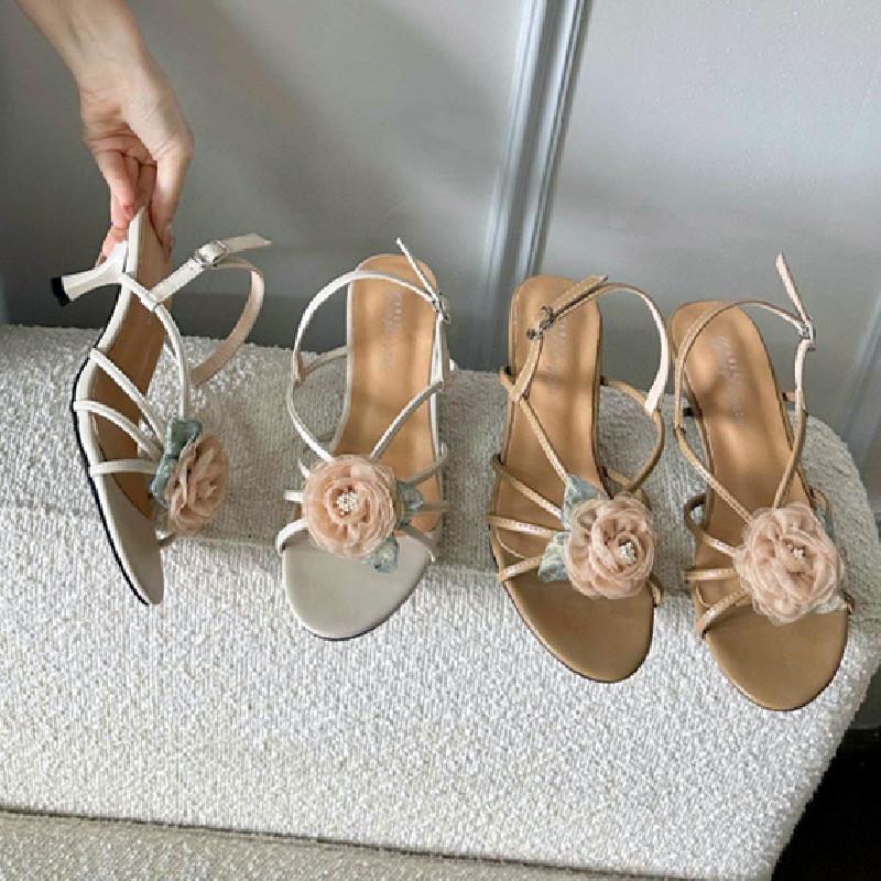 Floral Narrow Strap Designer Branded Sandals for Ladies Summer Open Toe Low Heeled Pumps Elegant Party Dress Buckle High Heels