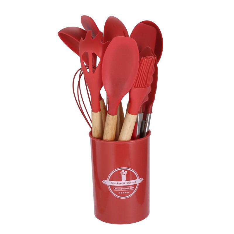 780g Silicone Kitchen Non-Stick 12-Piece Cookware Set with Wooden Handle Spatula Turner, Barrel Packaging