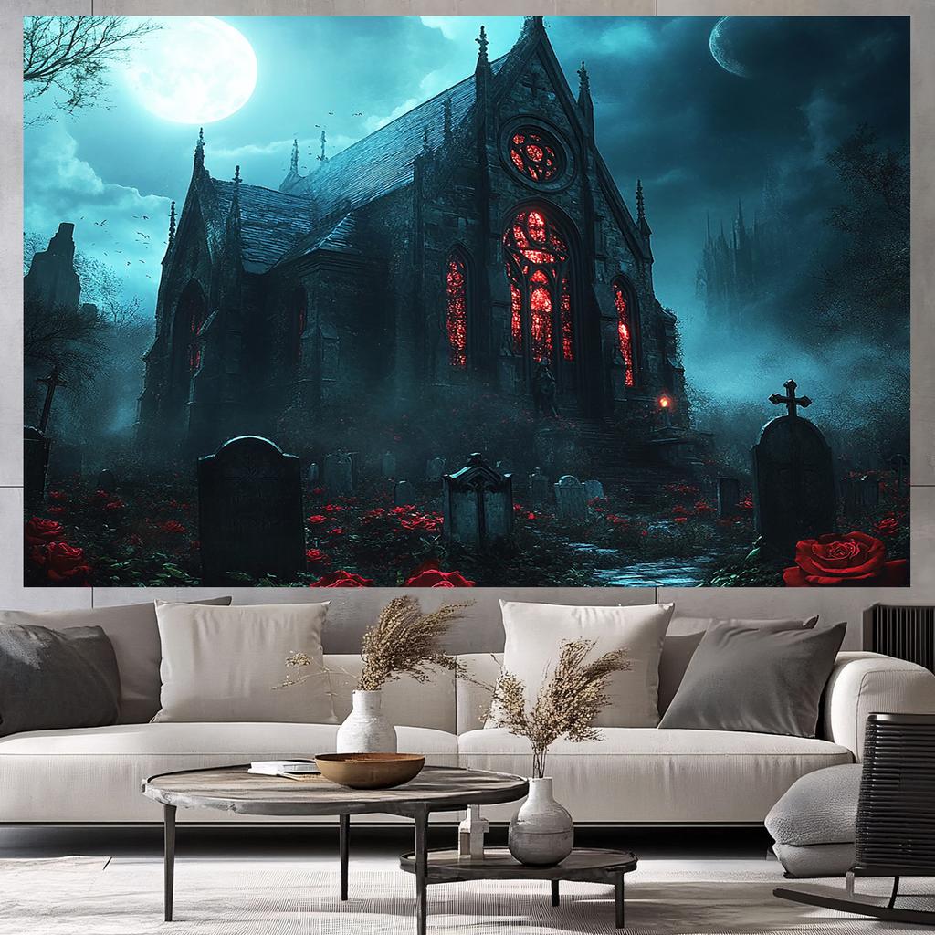 1pc Halloween Gothic cemetery fabric with red windows and ivy lightweight and breathable polyester fiber ghost party decoration