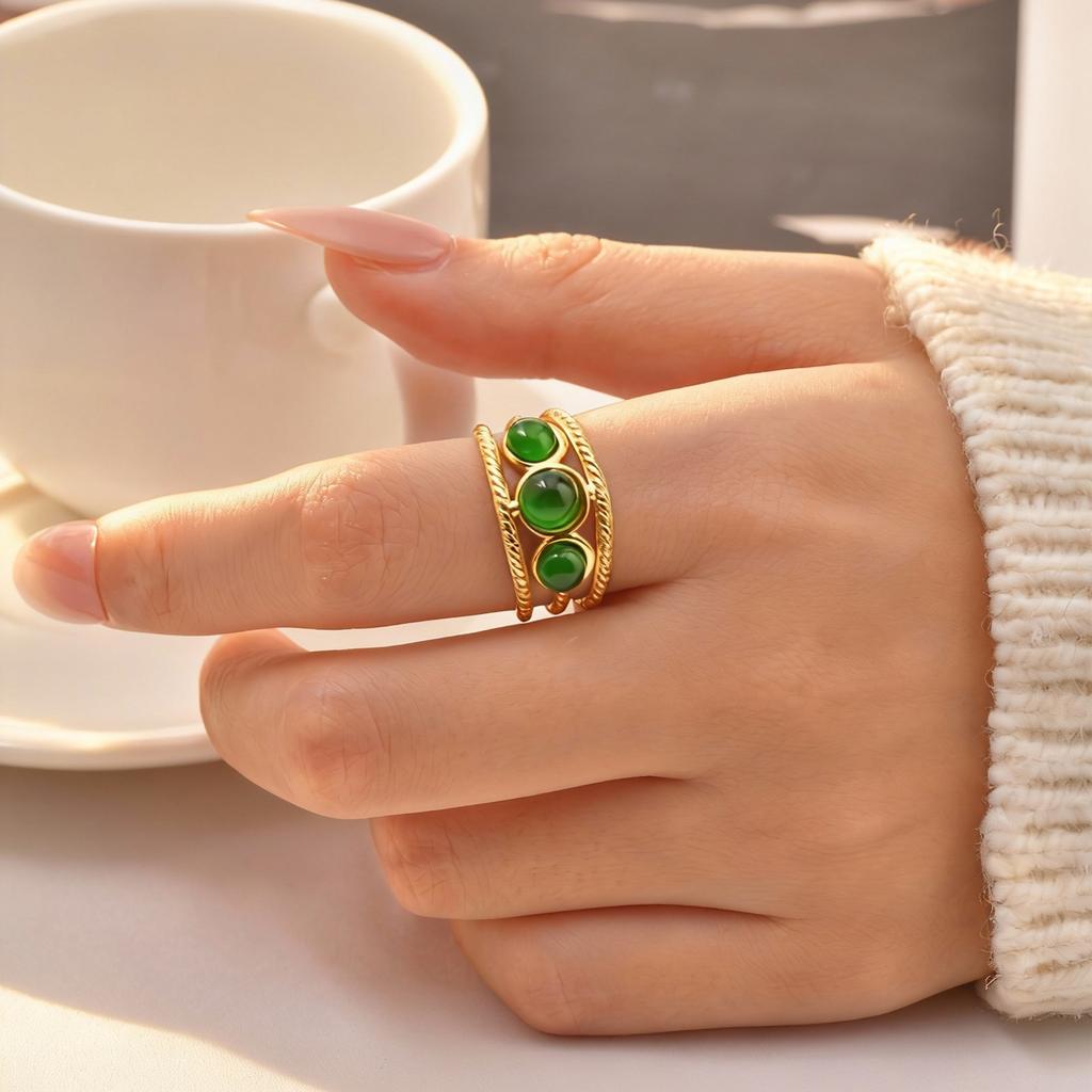 Luxurious Imitation Natural Stone Ring for Women Stainless Steel Twist Texture Opening Rings Retro Finger Jewelry Gift