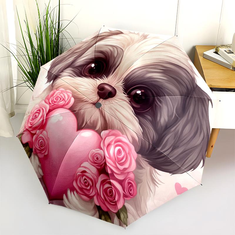 Heart and Shih Tzu pattern, automatic folding umbrella, portable and foldable design, 8 ribs, a Christmas or birthday gift.