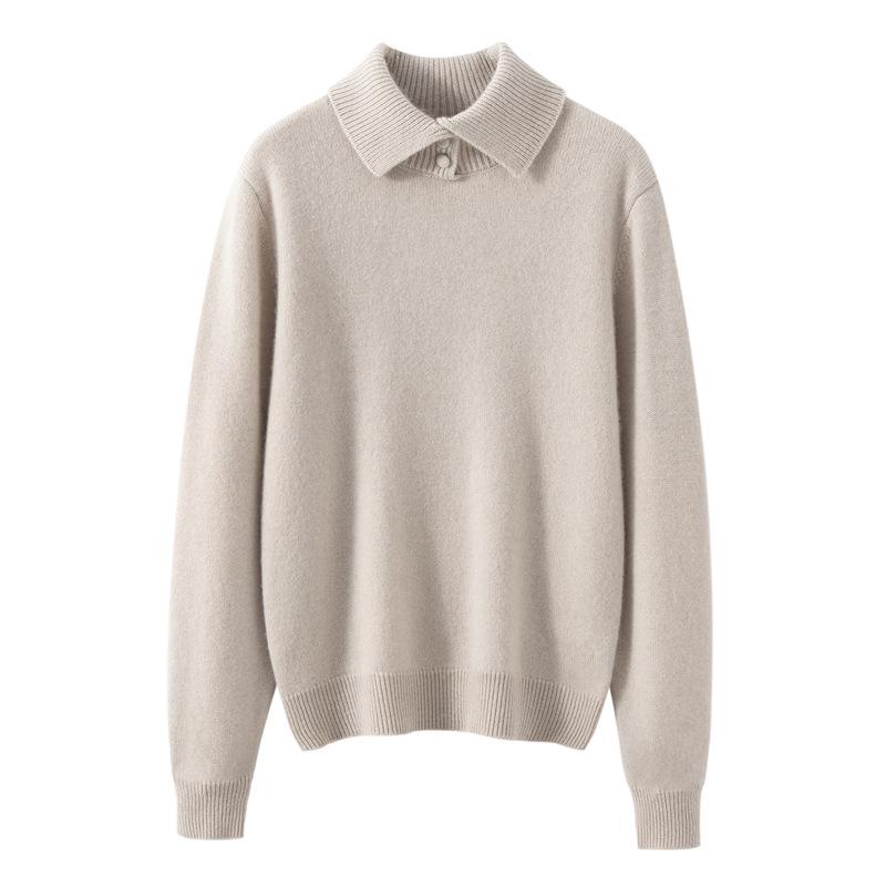 Women's Solid Color Cashmere Sweater: Lapel Buckle, Loose Fit, Thick Knit for Autumn/Winter 2026.