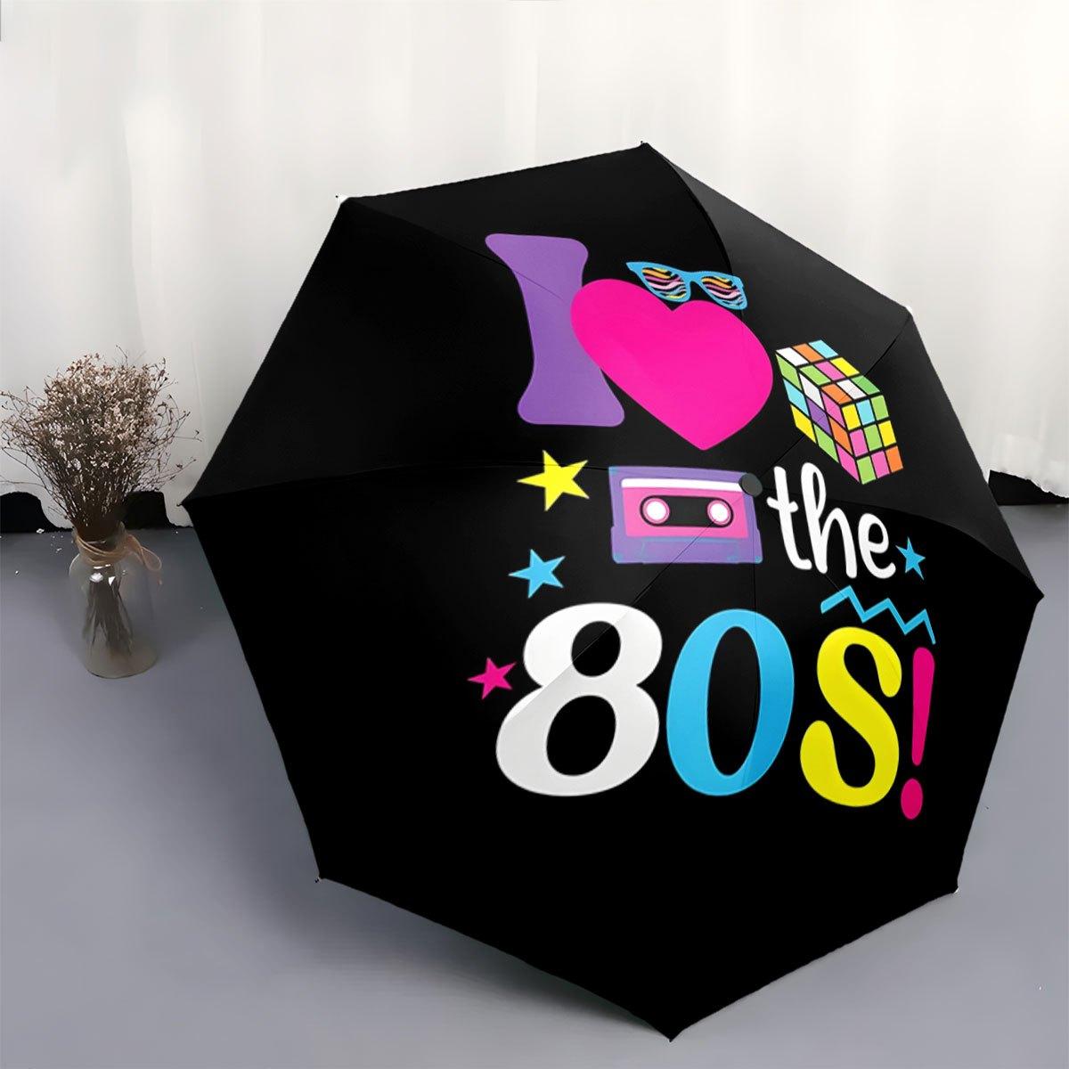 Automatic Folding Umbrella  I Love the 80s  with Retro Icons - Portable Collapsible Design, 8-Rib Durable Frame, Vibrant 80s T