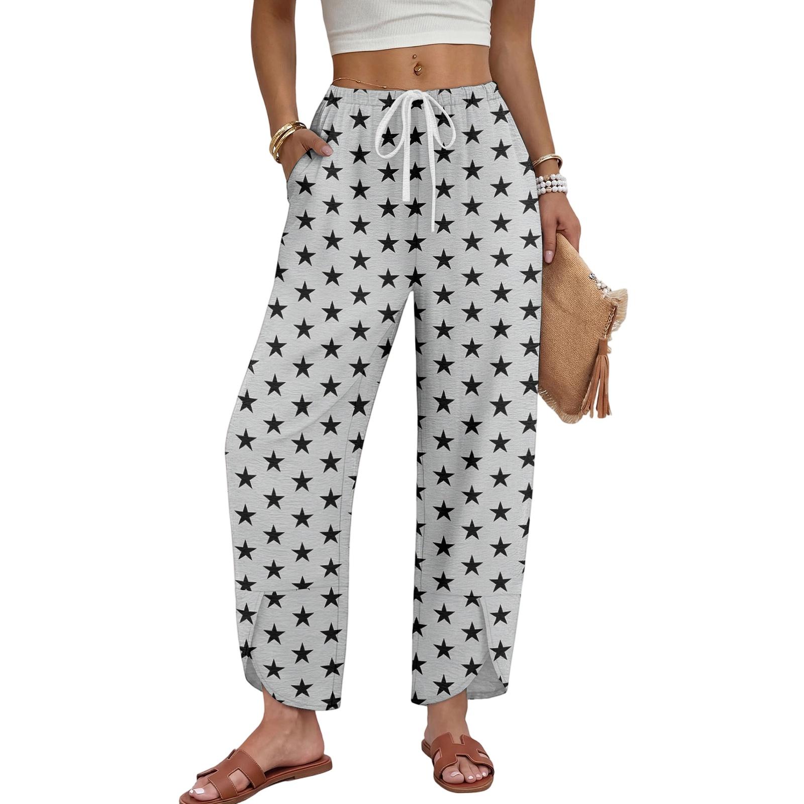 Women s Casual Wide Leg Pants with Drawstring Star Print Loose Fit Trousers XL