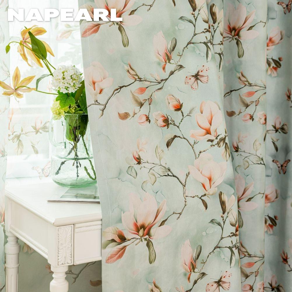 1PC NAPEARL Vintage Pastoral Green Floral-print Curtain Full Blackout Curtains for Bedroom Living Room Balcony Window for Home Decor