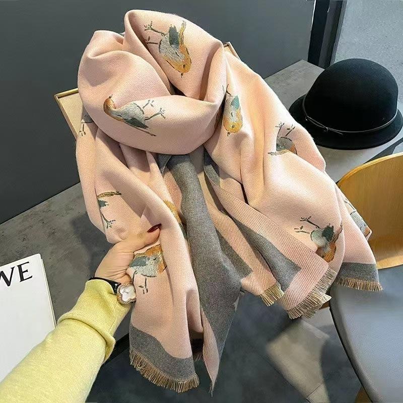 Women's Fall and Winter Faux Cashmere Cartoon Cozy Shawl Student Printing Warm Scarf