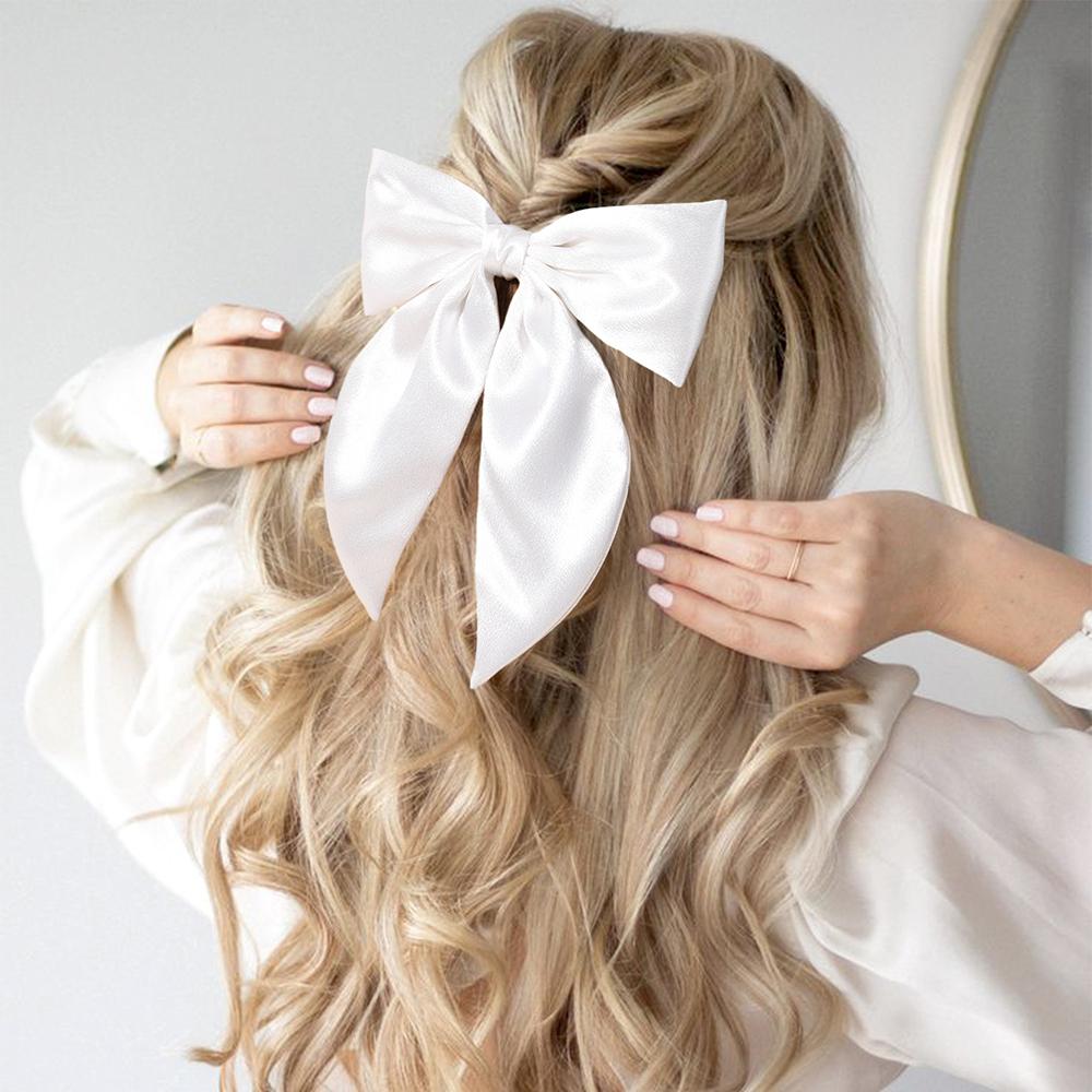 Chiffon Bow Hair Clip Women Medium Bowknot Satin Hairpin Barrettes Girls Solid Color Ponytail Hair Accessories Headwear Gift