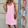 Women's Summer Striped Sleeveless Mini Dress Round Neck Button Shoulder Strap Pocketed Casual Beach Vacation Sundress