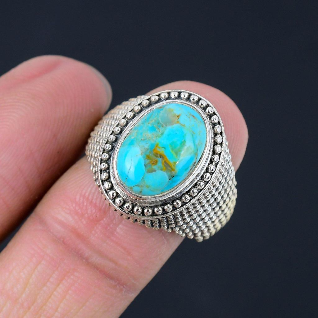 10X14 Mm Natural Blue Turquoise Gemstone 925 Sterling Silver Oval Shape Handmade Ring For Women & Girls