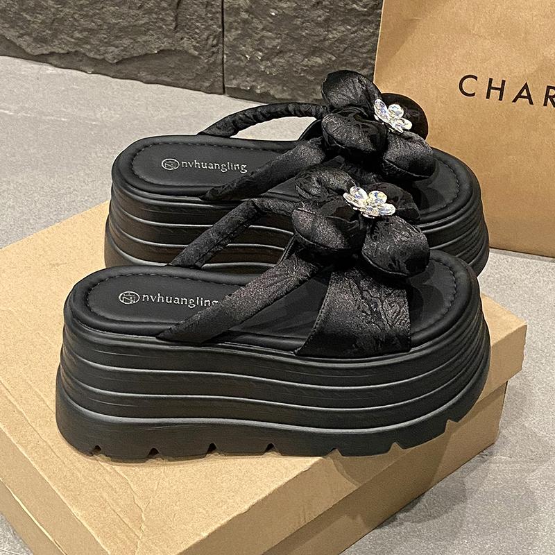 Fashion 8CM Heels Chunky Slippers For Women Open Toe High Platform Canvas Sandals Woman New Summer Thick Bottom Beach Flower Flip Flops