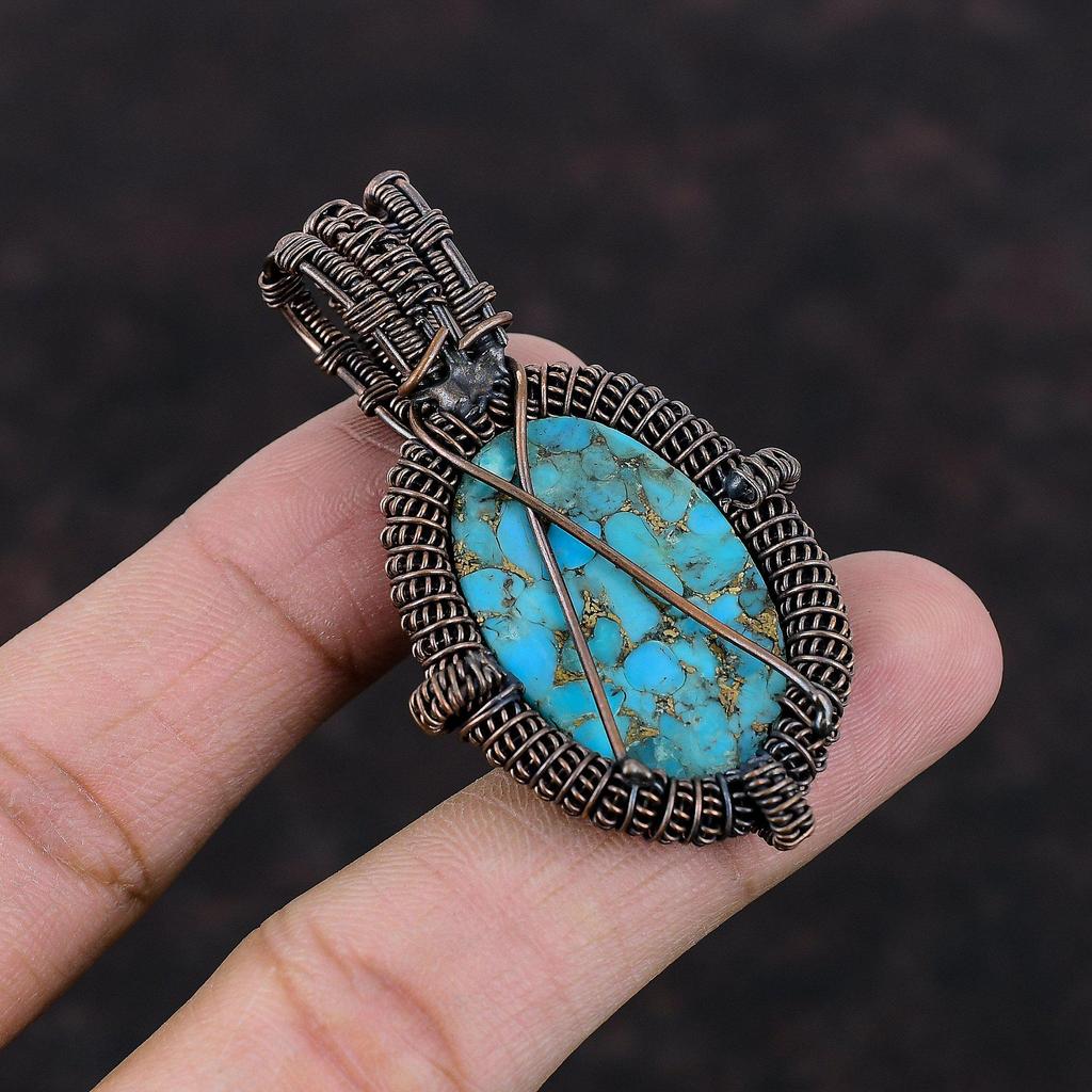 Copper Blue Turquoise Pendant Copper Wire Wrapped Pendant Awesome Gemstone Jewelry Handmade Pendant Copper Wire Wrap Jewelry Gift For Mother