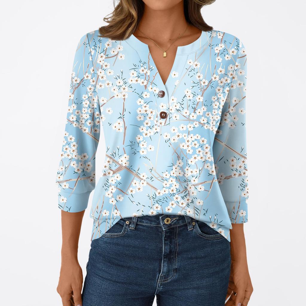 Women's Fashion Casual 3/4 Sleeve T-Shirt Prints V-Neck Button Top