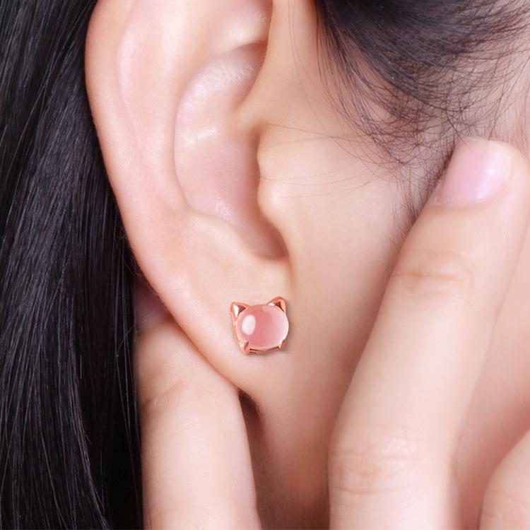Weihua Fashion Women's Rose Quartz Cat Ear Earrings with Hibiscus Stone