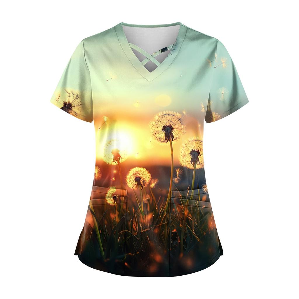 Women's Short Sleeve Stagger V Neck  Print Pocket Dry-nurse Top