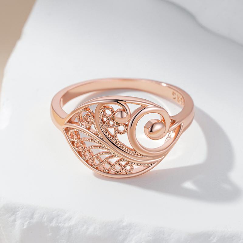 Fashion Glossy  Rose Gold Color Bridal Wedding Ring Ethnic Jewelry Unusual Hollow Flower Daily Ring For Women