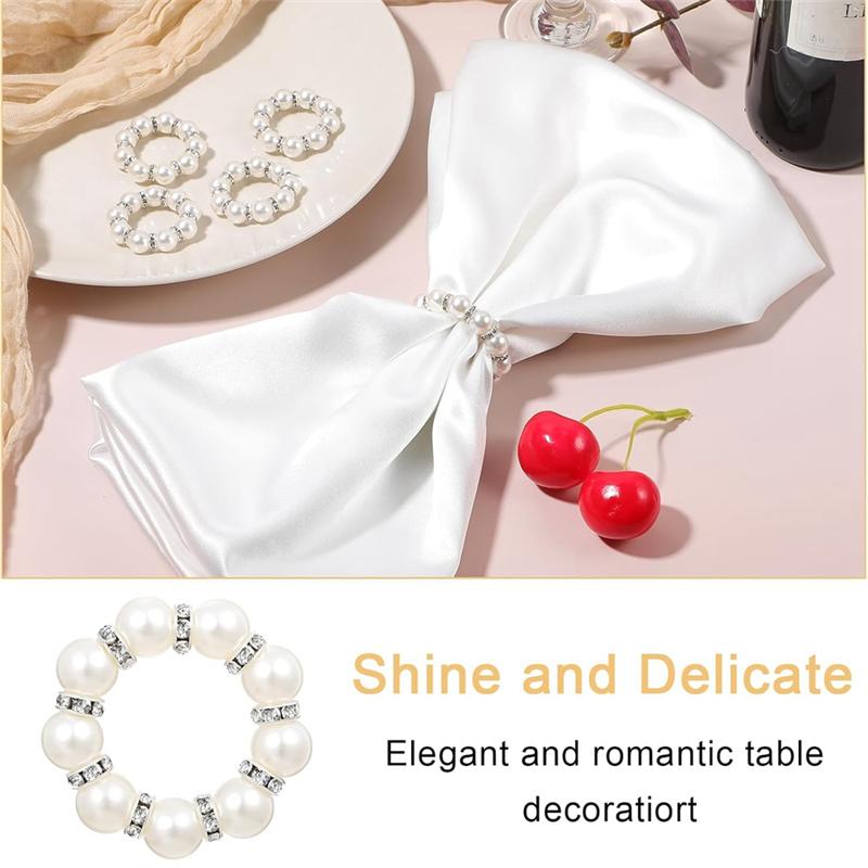 M-Modern-60Pcs Pearl Napkin Rings Imitation Pearl Beaded Rhinestone Napkin Ring Holder Napkin Rings Serviette Napkin Rings