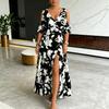 European and American thigh slit design tropical printing pattern new long off-the-shoulder large-size dress women D
