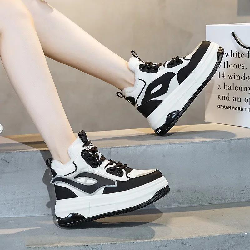 Top Quality 7CM Genuine Leather Women Shoes Women  2024 Autumn Warm Fur Winter Combat Boots Ankle Platform Sneakers Boot Booties