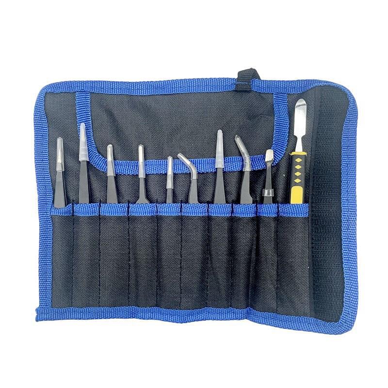 Black ESD Anti-Static Stainless Steel Tweezers Set with Bent Tip for Industrial Repair