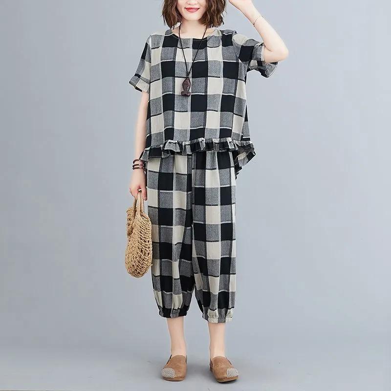 

Женский летний свободный клетчатый повседневный костюм с круглым вырезом и короткими рукавами, комплект из двух предметов: топ и брюки XS чёрный