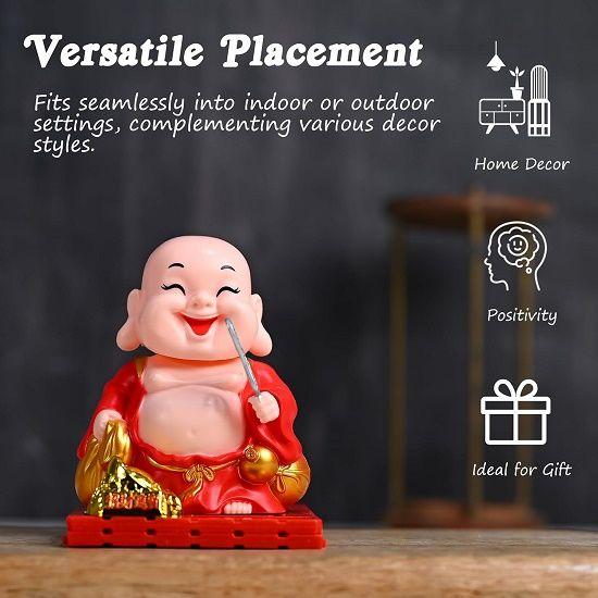 Solarbetriebene Buddha-Mönchsfigur - Feng Shui-Dekor für Reichtum, Wohlstand und Glück mit beweglichem Kopf und Hand (rot)