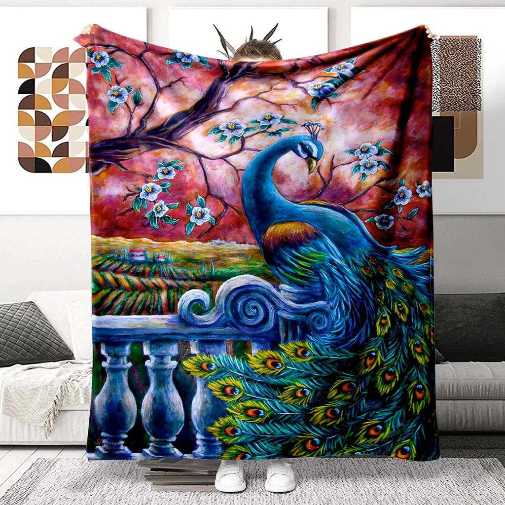 Colorful Peacock Picture Digitalprinted Polyester Bedroom Velvet Flannel Cover Blanket Fleece Soft Sofa Cover Blankets for Beds