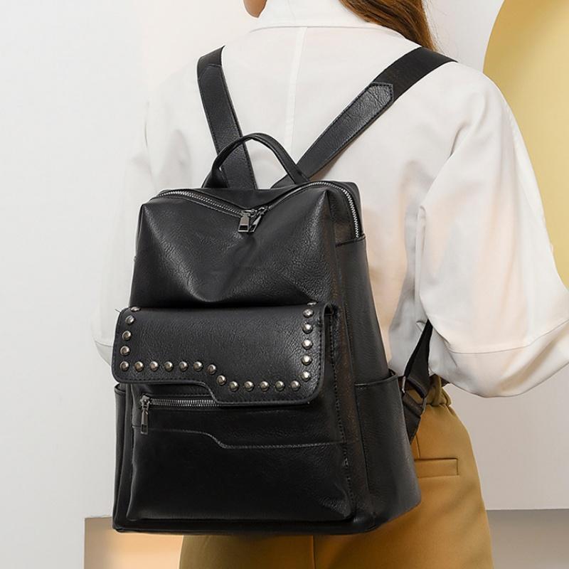 European and American Retro Versatile Women's Backpack High Quality Soft PU Leather College Student Rucksack Trendy Fashion Rivet Outdoor Travel Bag