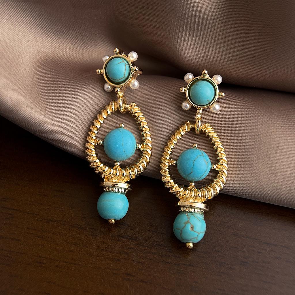 Geometrische Türkis-Perlen-Silbernadel-Ohrringe im Vintage-Stil - Retro High-End Luxus