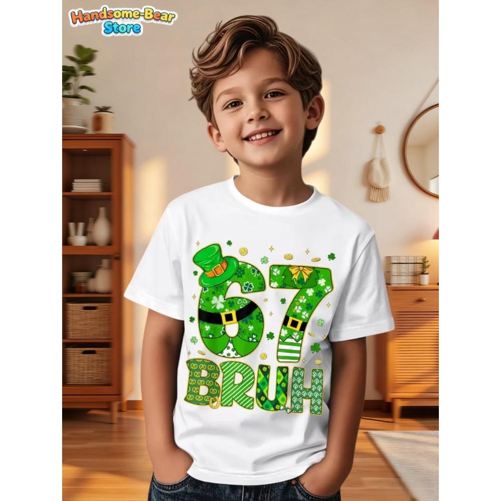 Six Seven Bruh 67 Meme Kids Clothes Happy St. Patrick's Day Girl Boy T-Shirt Children's Clover Irish Day Crew Neck Short Sleeves