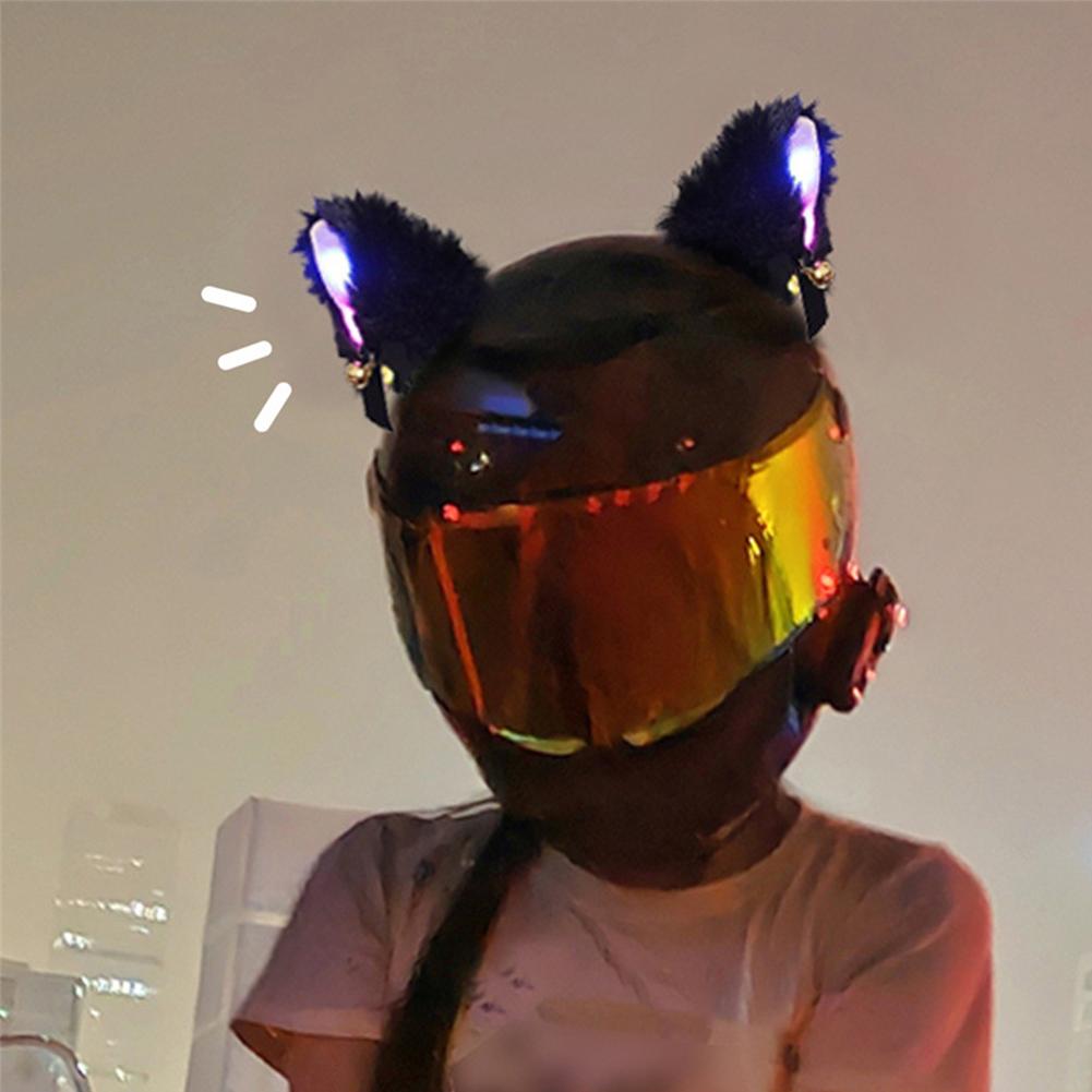 2Pcs Motorcycle Helmet Cat Ears Decoration  with Colorful LED Light Plush Motocross Helmet Full Face Off Road Helmet Decor