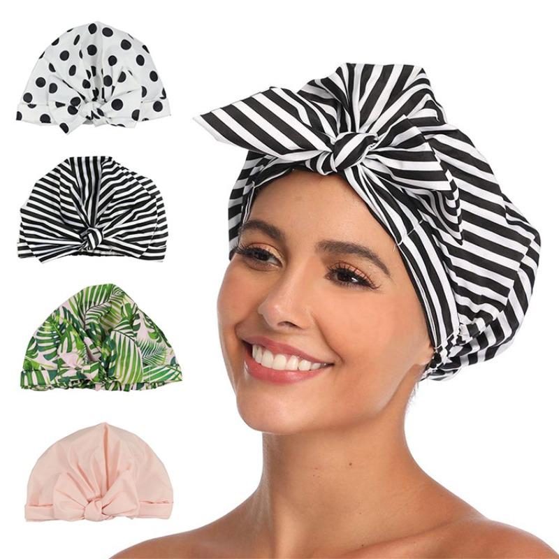 Brand new revised full circle elastic adjustment printed waterproof shower cap bow strap round hat