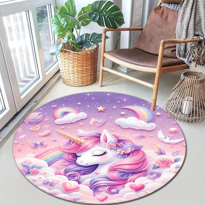 1Pc Cute Unicorn Circular Print Rug - Home Decoration Carpet For Living Room Bedroom Flooring Computer Chair Area Rug