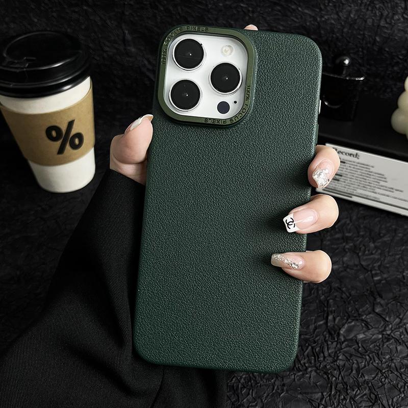 Matte Titanium gray Lichee leather pattern phone case for iPhone 16 15 14 13 12 11 Pro Max metal lens frame shockproof hard case