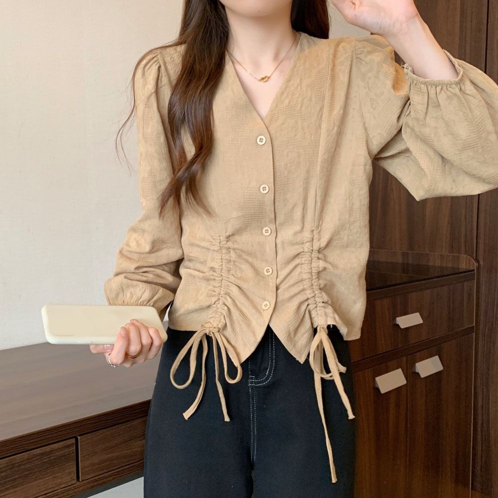 Loose Long Sleeve Shirts V-neck Ladies Shirt Top Sweet Lace-up Drawstring Blouse  Girls