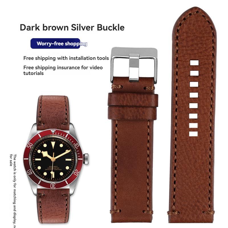 For TUDOR Black Bay Qicheng Bronze Little Red Flower Zenith Vintage Genuine Leather Watch Strap Men 22mm 23mm Cowhide Wristband