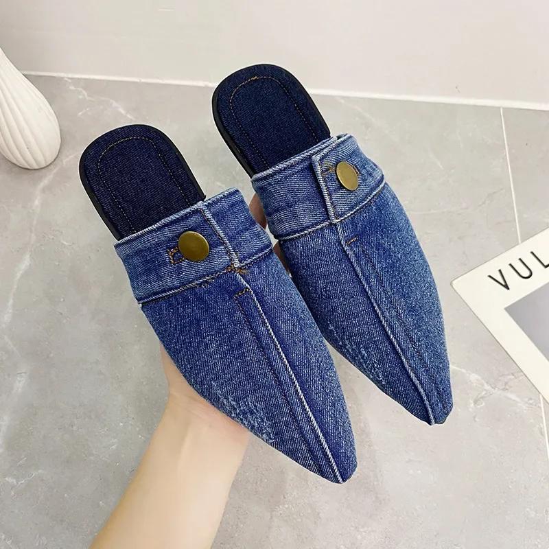 Fashion Washed Denim Flat-bottomed Bag Head Slippers, Women Wear Large-size Pointed Mueller Half-tow Single Shoes