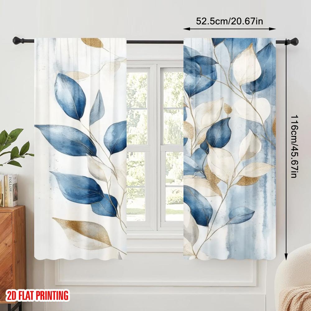 Set Of 2 Plane Printing Window Curtain Blue Serenity Leaves Versatile Polyester Fabric Without Rod All Bedroom Ideal For Sleeping Area