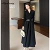 Elegant Fashion Autumn Winter Women Sweater Dress V Neck Kntting Thick Warm Midi Dress Office Lady Black Knitted Dress With Belt
