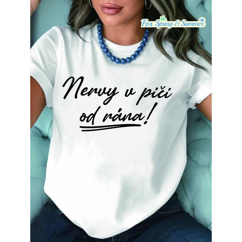 Plus Size Women s Letter Print Tee Summer Spring Casual Short Sleeve Top S белый