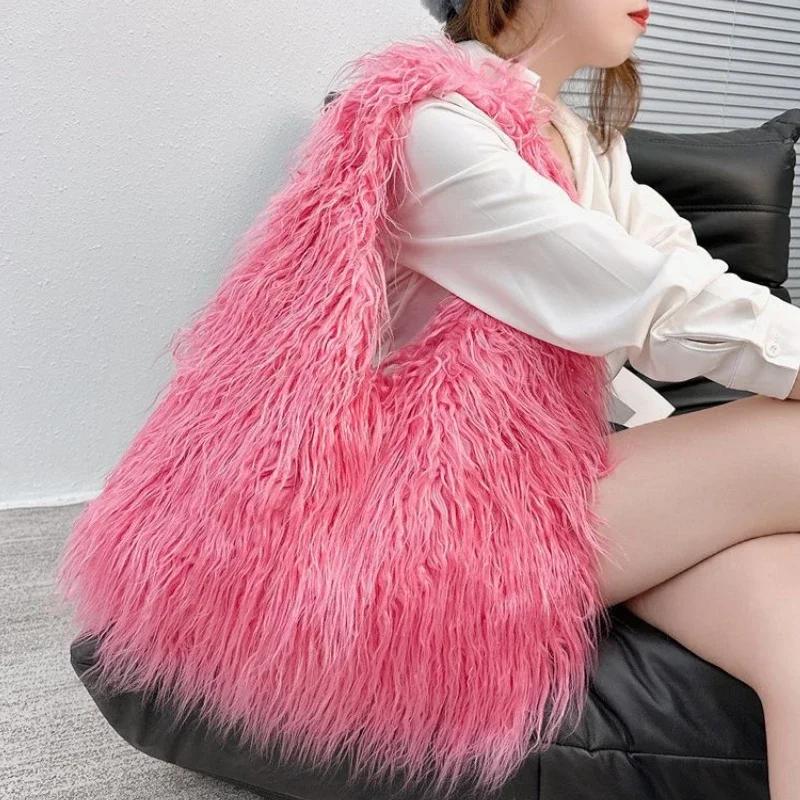 Wolle Damen Plüsch Schultertaschen Y2k Mädchen Kunstpelz Kordelzug Beuteltasche Mode Damen Pelzige Geldbörse Tragetaschen